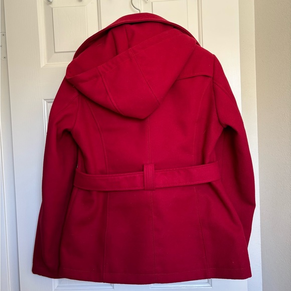 Cherry Red BCBG hooded and belted winter peacoat with silver brand hardware. - Picture 9 of 9